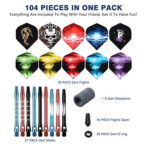 Tezoro Dart Accessories Kit Including Aluminum Dart shafts,Dart Flights, Flight Savers, Sharpener, O-Rings -Bulk Pack of 104 Pieces
