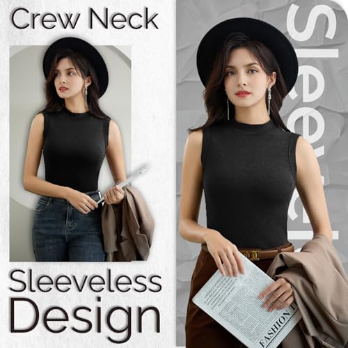WEASIC Top Mujer Camiseta sin Mangas Mujer Top Negro Tank High Neck Tops Elegantes Cuello Alto Camiseta Tirantes sin Mangas de canalé (Confezione Da 1, Negro, XXL)