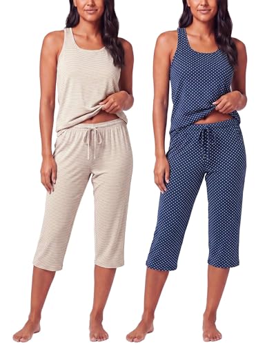 Image of Real Essentials 2 Pack: Women's Tank Top & Capri Pajama Set - Super-Soft Sleeveless Summer Loungewear (Plus Size Available)