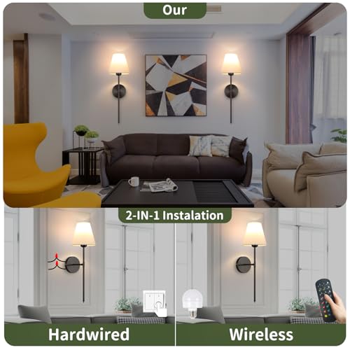 Image of Battery Operated Wall Sconce Set of 2,15 Colors Wireless Wall Light With Dimmable Remote Control Last 18-50 Hours,Black Rechargeable Wall Lamp With White Fabric Shade For Living Room Bedroom Hallway