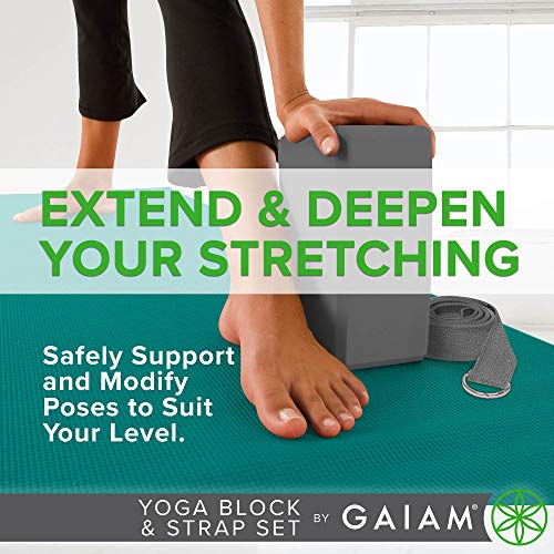 Gaiam Yoga Block + Yoga Strap Set, Grey