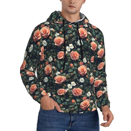 Hoodies For Men - Pink Rose Print Long Sleeve Casual Men'S Hoodies & Sweatshirts Pullover With Pocket