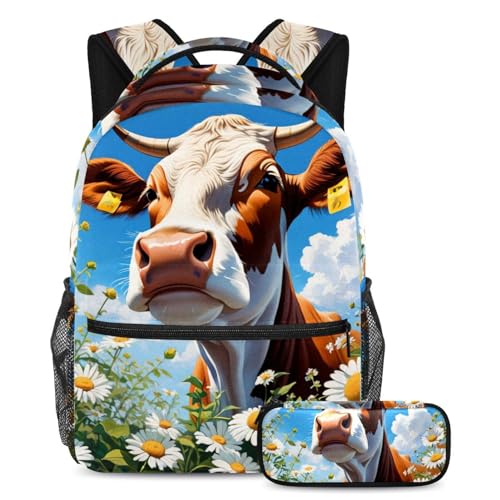 Sac à dos école fille et garçon ensemble cartable 2 pièces imprimé vache fleur