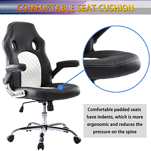 Image of Gaming Office Chair - PU Leather Executive Swivel Computer Desk Chair with Flip-up Armrests and Lumbar Support for Working, Studying, Gaming