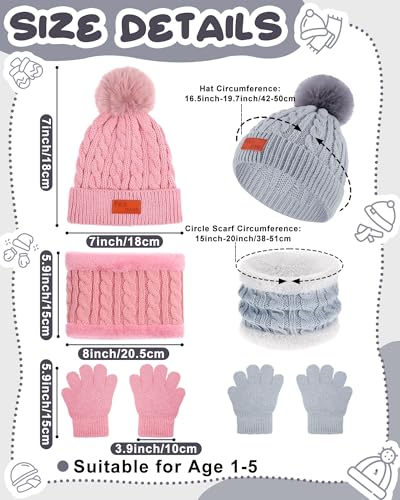 6 Pcs Kids Hat Scarf Gloves Set Girl Boy Pom Kid Winter Beanie Hat Mittens Gloves Neck Warmer Fleece Lining for 1T-5T2