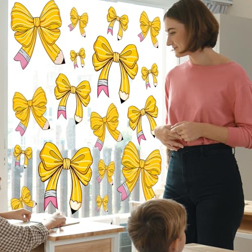 Image of Whaline 9 Sheets Pencil Coquette Bow Window Clings Back to School Pencil Bowknot Reusable Window Decals for First Day of School Home Nursery Classroom Decor