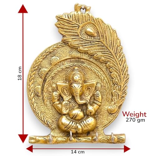 Image of KridayKraft Metal Ganesha ji Key Holder with Meena Work Decorative for Wall | Ganesh Statue /Religious | Idol /Wall Hanging (Ganesh Pankhi)