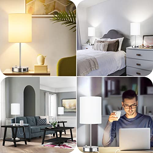 Set of 2 Table Lamps with USB Ports, White Bedside Lamps with AC Outlet, Modern Nightstand Lamps with Rotary Switch, Minimalist Desk Lamp with Fabric Shade for Bedroom Living Room Office Reading - Thumbnail 7