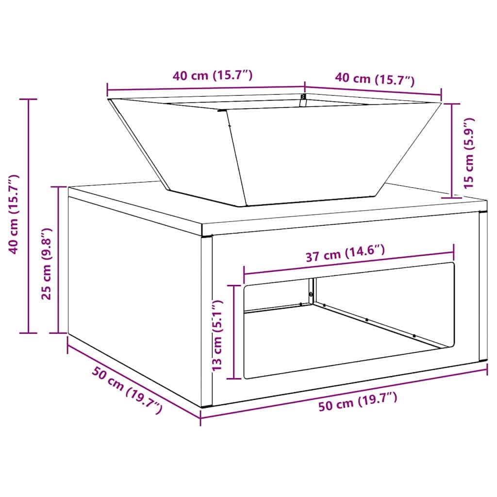 vidaXL Hoguera Oxidado 50 x 50 x 40 cm Acero autopatinable, Calefacción al Aire Libre, fogón Moderno, Estructura de Acero, Ideal para reuniones sociales, Espacio de terraza