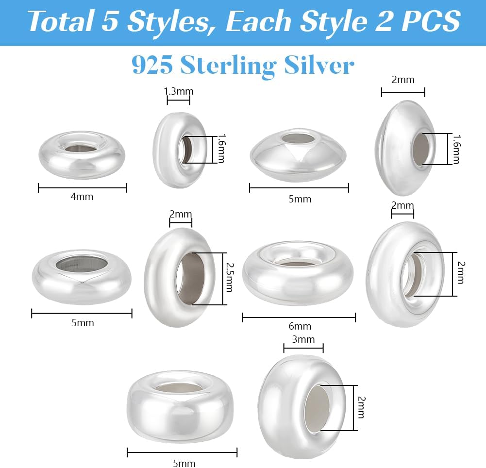PH PandaHall 10pcs 5 Styles 925 Sterling Silver Beads 4/5/6mm Silver Spacer Beads Round Rondelle Jewelry Making Beads for Handmade Necklace Bracelet Christmas Valentine's Day DIY Party Decorations - Image 2