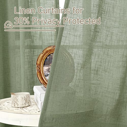 LAMIT Sage Green Linen Curtains 30 Inch Length, Semi Sheer Light Filtering Window Panels Back Tab and Rod Pocket Drapes for Kitchen/Basement/Small Windows, 25 x 30 Inch, 2 Panels