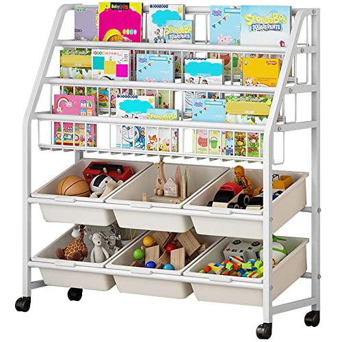 Image of MOAMUN Kids Bookshelf Children Book Organizer 5 Tier Metal Kids Bookcases and Toy Storage Rack with 6 Cube Bins for Playroom Bedroom Living Room Study Room(Beige)