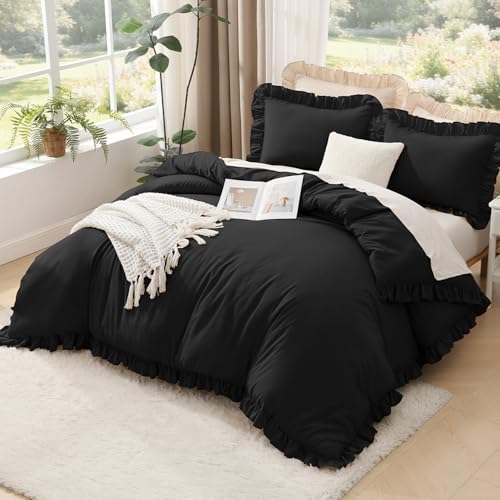 Image of Litanika Black Queen Comforter Set, 3 Pieces Ruffle Farmhouse Aesthetic Bedding Comforter Set, All Season Soft Lightweight Fluffy Microfiber Bed Set(90x90In Comforter, 2 Pillowcases)