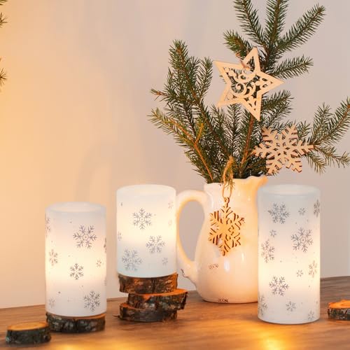 Image of GenSwin Christmas Flameless Candles with Timer, LED Flickering Candles Real Wax with Silver Snowflake Decals, 3 Pack Pillar Candle for Winter Indoor Fireplace Christmas Decor(D3 inch x H4 inch5 inch6 inch)