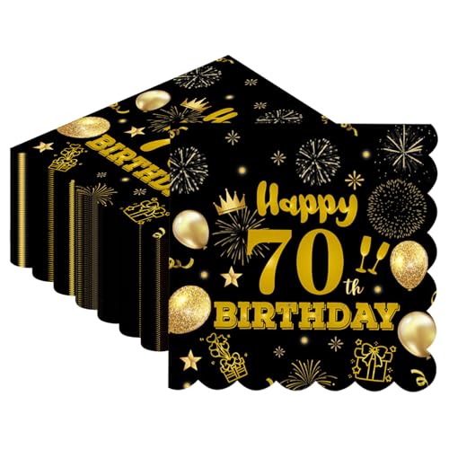 40 guardanapos de papel para 70 aniversários, 33 × 33 cm, descartáveis, preto e dourado, para sobremesas, coquetéis, casamentos, aniversários, receções, eventos, decorações