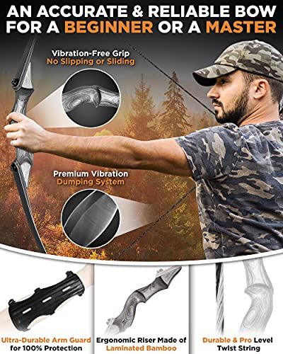 2021 Takedown Recurve Bow Set for Adults Youth or Beginners – 60” Hunting Target Shooting Archery Bows with Wooden Riser and Fiberglass Limbs – Traditional Right Handed Longbow - Size 50 Lbs