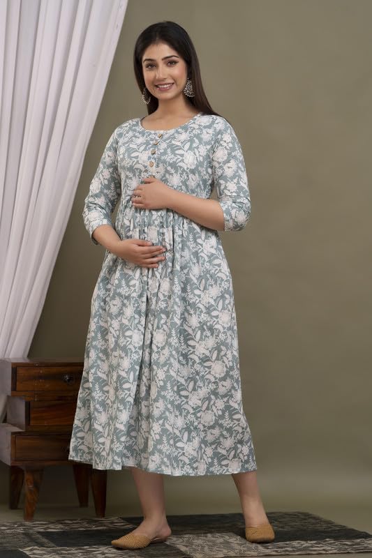 Image of Women's Pure Cotton Printed Maternity Gown /Maternity wear /Feeding Gown A-line Maternity Feeding Dress Maternity Kurti Gown for Women
