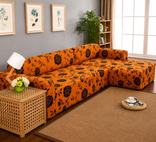 Image of Gifts Island Premium 160GSM Super Soft Gold Black Floral Stretchable Sofa Cover L Shape 5 Seater Fully Covered | Suitable for Both Left and Right Side Chaise Sofa (Gold Black Floral, 3+2 Seater)