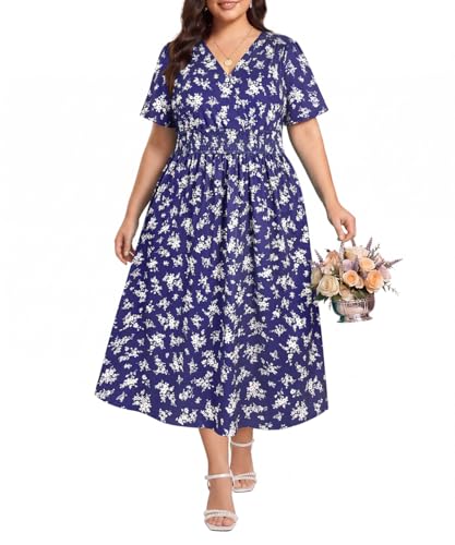 Image of CARCOS Plus Size Dresses for Curvy Women V Neck Summer Maxi Dress Short Sleeve Floral Boho Dress Smocked Waist Beach Dress