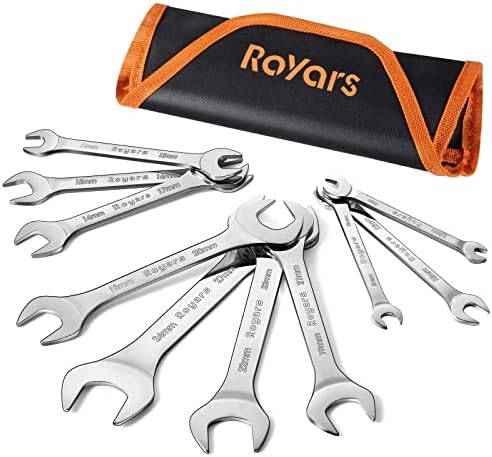 Royars 3mm Super Thin Wrench Set, 10-PSC Slim Wrench Set, Full Set 5.5 to 27mm, Open End Wrench Set, Chrome Mirror Polished, Thin Wrenches Set Metric with Rolling Pouch for Narrow Nuts and Bicycle