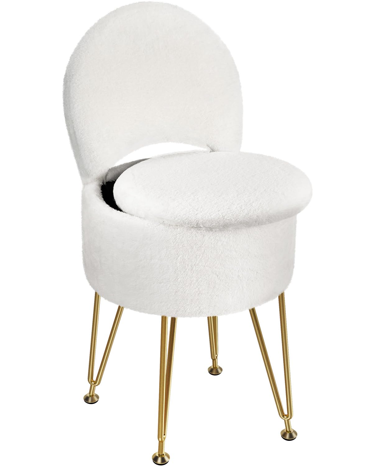 GREENSTELL Vanity Stool Chair with Storage and Folding Back, 15.7" x 15.7" x 19.5" Faux Fur Soft Ottoman for Adults, 4 Metal Legs with Anti-Slip Feet, Furry Padded Seat for Makeup, Bedroom, White