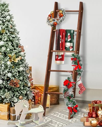 XLHOMO Blanket Ladder for Living Room, 5-Tier Wooden Ladder Shelf, Rustic Decorative Blanket Rack...
