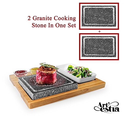 Artestia Double Cooking Stones in One Sizzling Hot Stone Set,Stainless Steel Tray,Bamboo Platter,Ceramic