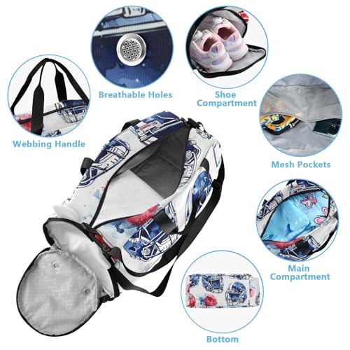 Gym Travel Duffle Bag for Boys Girls Football Helmet Pattern Red Blue Sports Dance Bag with Shoe Compartment & Wet Pocket Football Kids Travel Bag Teens Sleepover Carry4