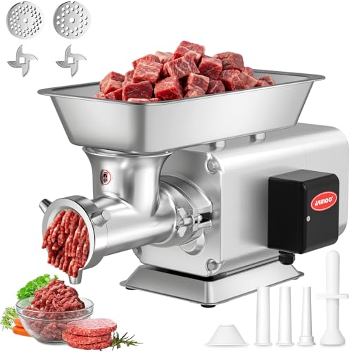 ARINOO Electric Meat Grinder, Grinds Chicken Bones, 1.5 HP Heavy Duty Stainless Steel Commercial #12 Meat Mincer Machine with 2 Plates, 2 Blades and 3 Sausage Tubes for Home Use, 7 Lbs/Min