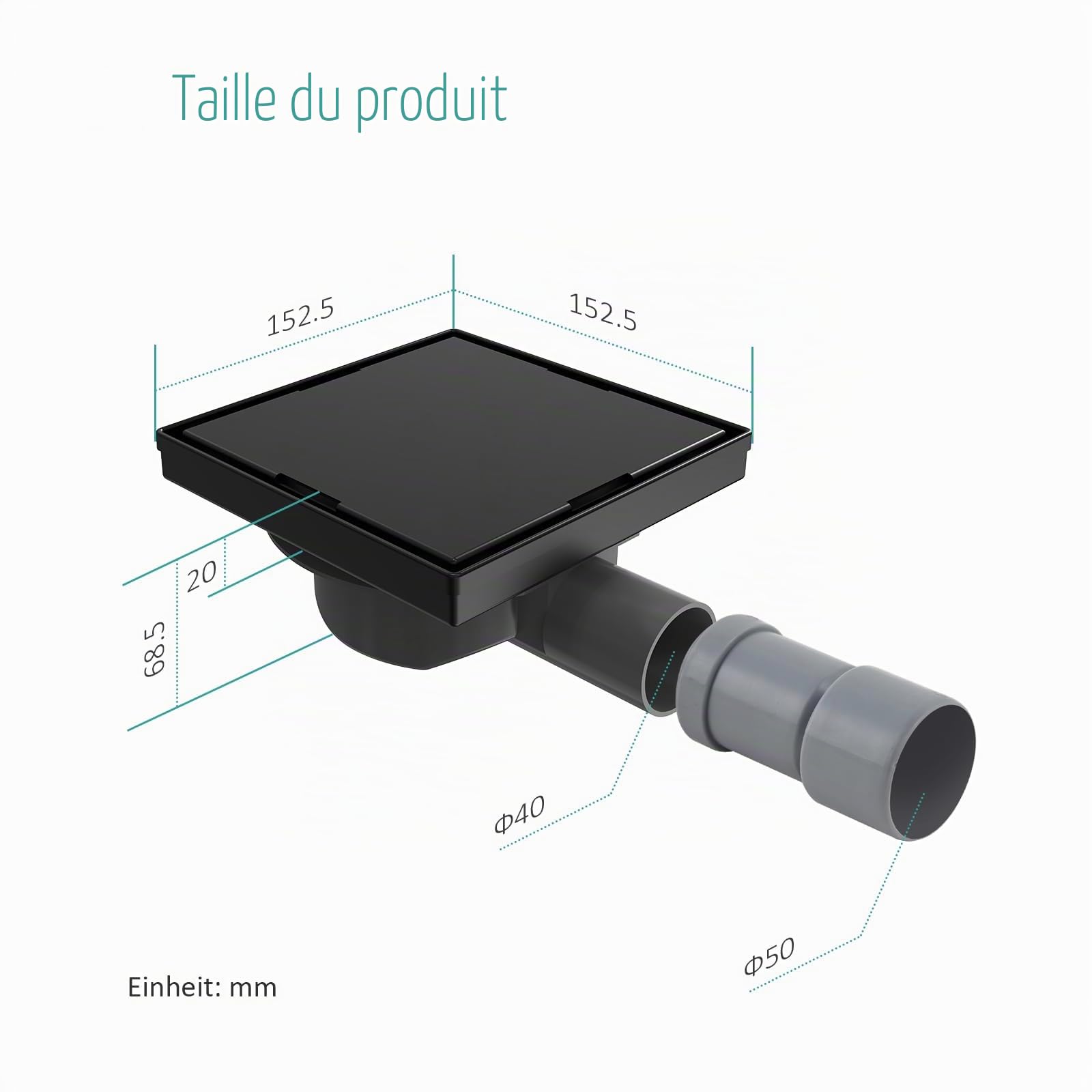 EMKE Bonde de douche avec siphon, caniveau de douche, siphon de douche, siphon anti-odeurs et tamis à cheveux, trou d'écoulement pour receveur de douche, noir