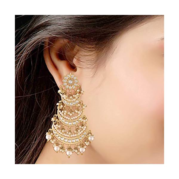 I Jewels 3 Layered Beaded Chandbali Earrings with Kundan and Pearl Work for Women (E2859-1) - Image 7