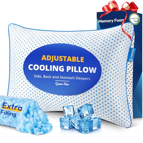 Adjustable Cooling Gel Memory Foam Pillows Queen Size for Sleeping 1 Pack,Thick Firm Bamboo Rayon Shredded Bed Pillow for Side,Back,Stomach Sleepers Washable Breathable Pillowcase,Gifts College Dorm