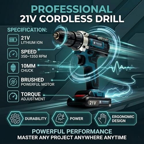 Image of THOR 21V Cordless Drill Driver Set with 2 Lithium-Ion Batteries, 10mm Keyless Chuck, V Torque Settings, Flexible Shaft Extension, Accessory Kit & Carrying Case