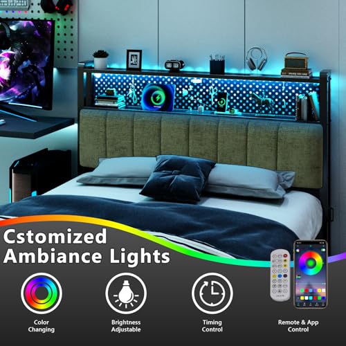 Image of VINGLI Chenille Green Upholstered Bookcase Headboard Only Full Size Height Adjustable Headboard with 2 Tier Shelves, LED Lights and Charging Station for Bed, Bedside Storage
