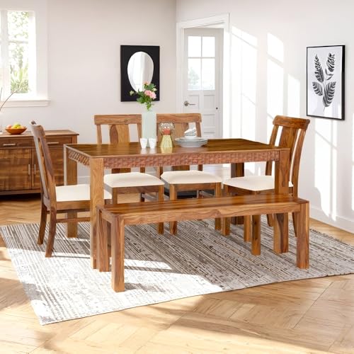 Image of Royaloak Terence Wooden 6 Seater Dining Table Set with Bench and Chairs| Sheesham Wood | CNC Design Elements | Solid Wooden Legs | Modern Design |Spacious Seating for Six | Durable and Sturdy Build