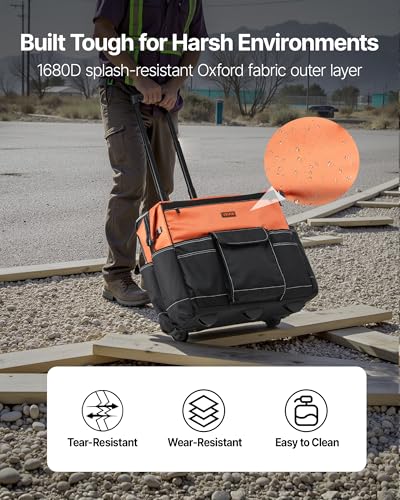 Image of VEVOR 20 inch Rolling Tool Bag, 110 lbs Load Capacity, 27 Pockets Heavy Duty Roller Tool Bag on Wheels, Adjustable Telescoping Handle & Stable Base, Toolbag Organizers w /Wheels for Construction, Mechanic