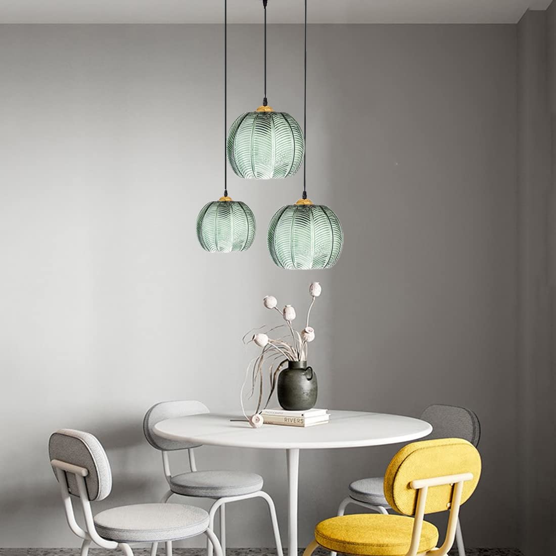 Luz colgante de vidrio Pantalla verde Iluminación de techo moderna Lámpara de vidrio Art Deco Sala de estar Comedor Dormitorio Salón Isla de cocina Lámpara colgante interior Accesorio, E27 Altura aju