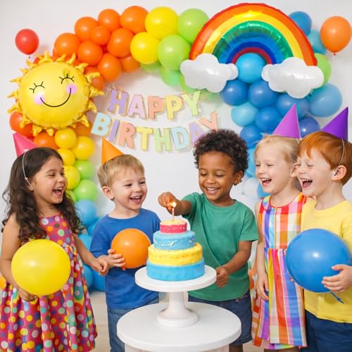 Image of Rozi Decoration Happy Birthday Rainbow Balloon Decoration Kit with Sun & Rainbow Foil Balloons | Multicolor Balloon Arch Set with Paper Banner | Kids Birthday Party Decoration Pack of 54 Pcs