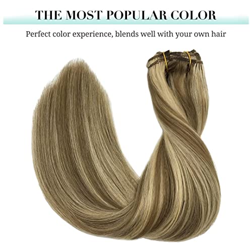 Image of DOORES Human Hair Extensions, Medium Brown Highlighted Golden Blonde 80g 7pcs 12 Inch, Clip in Hair Extensions Real Human Hair Extensions Human Hair Natural Straight Hair