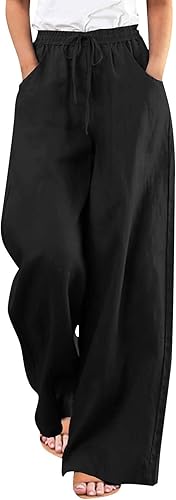 Miniatura 1 de Pantalones fluidos para mujer, pantalones de lino de pierna ancha para mujer, cintura alta, con cordón, holgados, pantalones de playa con bolsillos,