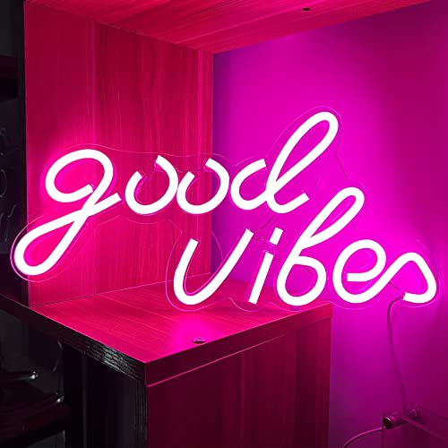 Image of Good Vibes Neon Sign Pink Good Vibes Neon Lights USB Operated Aesthetic LED Signs for Bedroom Wall Decor Birthday Party Wedding Salon Bar Home Girl Cave