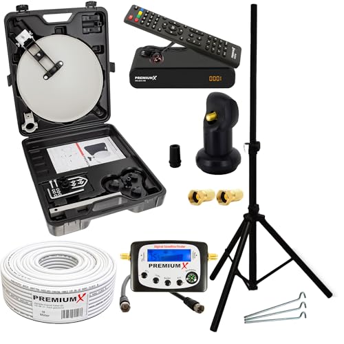 PremiumX Camping Satelliten Anlage Satellitenschüssel HD TV Receiver SAT-Finder Single LNB 10m Kabel im Koffer Stativ