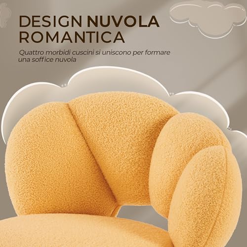 Sedia da Ufficio Scrivania Cameretta Imbottita Senza Braccioli Ergonomica con Ruote Girevole, Schienale Design a Nuvola in Tessuto Bouclé, Altezza Regolabile Giallo - Sedia gaming - Immagine 5