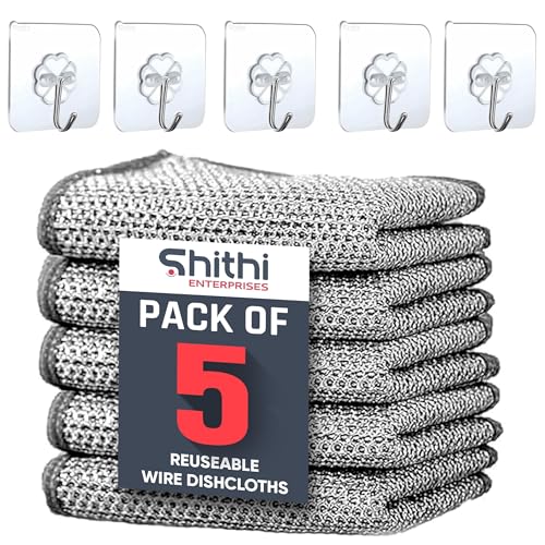 Multipurpose Wire Dishwashing Cloths for Kitchen | 5 PCS Adhesive Sticky Wall Hooks | Reusable Non Scratch Scrubbers for Washing Dishes & Stove Cleani
