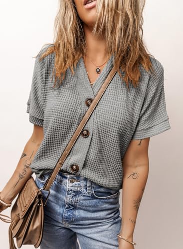 Image of Dokotoo Womens Summer Tops 2026 Waffle Knit Button Down Shirts Casual V Neck Short Sleeve Shacket Jacket Dressy Blouses