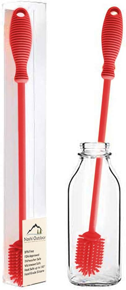 12 Inch 100% Silicon Long Handle Kitchen Bottle Cleaning Brush- No Scratch-Flexible Cleaner-Tool-Scrubber for Washing Narrow Neck Tumbler,Glass,Sport,Baby - (Red)