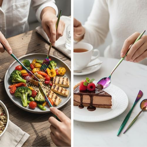 Image of 4 Pcs Rainbow Slim Handle Stainless Steel Cutlery Set for Dining Table with Spoon and Fork Set & Butterknife - The Perfect Tableware /Flatware