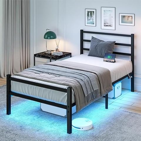 REVOMINCA Twin Bed Frame with Charging Station and LED Lights, Metal Platform Bed Frame with Headboard and Footboard, Heavy Duty Steel Slats, No Noise, Easy Assembly Cover