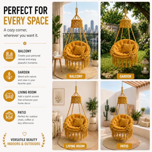 Image of Premium King Size Hammock Chair Swing with Cushion, 200kg Capacity | Indoor Outdoor Heavy Duty Adults & Kids Hanging Jhula for Home, Garden, Patio & Balcony | 1 Year Warranty (Yellow)