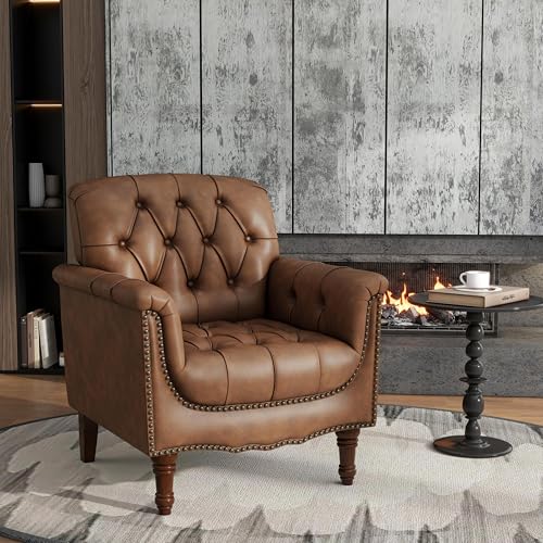 Blissabod Faux Leather Chair, Tufted Accent Chair with Nailhead Trim, Brown